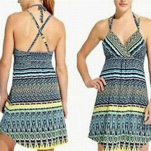 🟢Athleta Marbella Blue Green Yellow Halter Semi Fitted Dress Size S